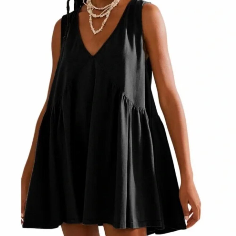 Womens Summer Sleeveless Mini Dress Loose V Neck with Pockets Black